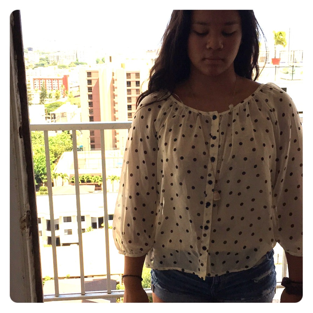 Sheer H&M cream top with black polka dots